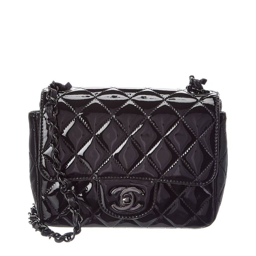 Chanel Black Quilted Patent Leather Mini Square Flap So Black (Authentic
